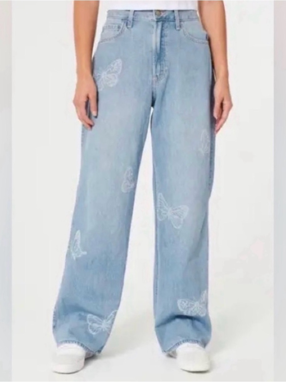 Light Blue Butterfly Embroidered Wide-Leg Jeans